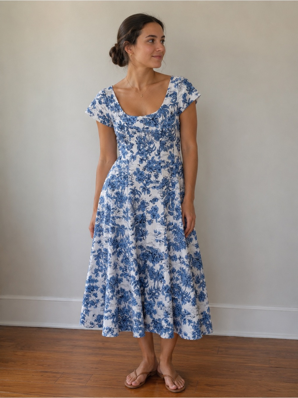 Joie Tropical Dog Toile Scoop-Neck Midi Dress Size 14 Coastal Cottagecore